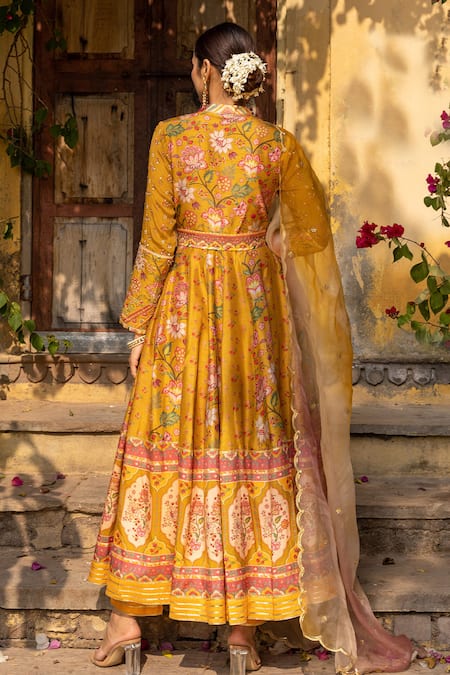 Shop Sandhya Shah Yellow Silk, Cotton, Chiffon Cut Work, Floral And Chintz Print Anarkali Set at Aza Fashions Shop_Sandhya Shah_Yellow Silk, Cotton, Chiffon Cut Work, Floral And Chintz Print Anarkali Set_at_Aza_Fashions