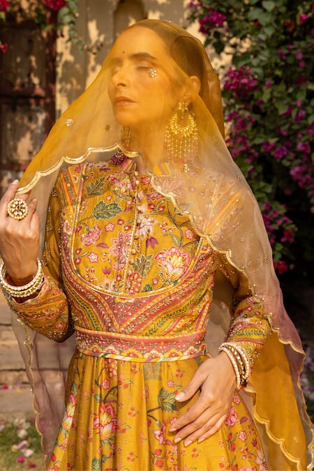 Sandhya Shah Yellow Silk, Cotton, Chiffon Cut Work, Floral And Chintz Print Anarkali Set Online at Aza Fashions Sandhya Shah_Yellow Silk, Cotton, Chiffon Cut Work, Floral And Chintz Print Anarkali Set_Online_at_Aza_Fashions