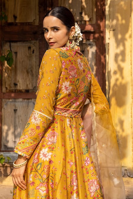 Shop Sandhya Shah Yellow Silk, Cotton, Chiffon Cut Work, Floral And Chintz Print Anarkali Set Online at Aza Fashions Shop_Sandhya Shah_Yellow Silk, Cotton, Chiffon Cut Work, Floral And Chintz Print Anarkali Set_Online_at_Aza_Fashions