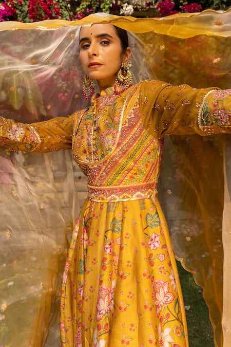 Sandhya Shah Yellow Raw Silk Printed And Embroidery Chintz Floral Mandarin & Anarkali Set 