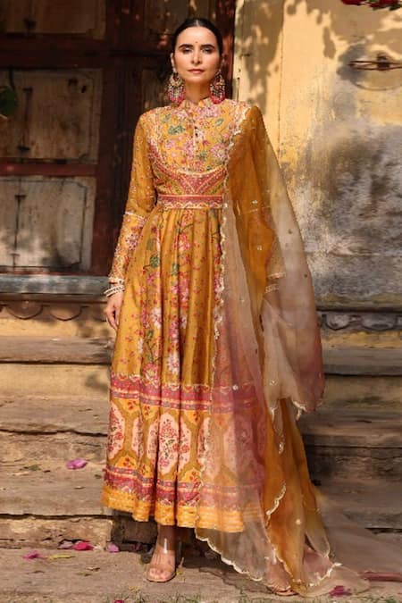 Buy Sandhya Shah Yellow Silk, Cotton, Chiffon Cut Work, Floral And Chintz Print Anarkali Set Online at Aza Fashions Buy_Sandhya Shah_Yellow Silk, Cotton, Chiffon Cut Work, Floral And Chintz Print Anarkali Set_Online_at_Aza_Fashions