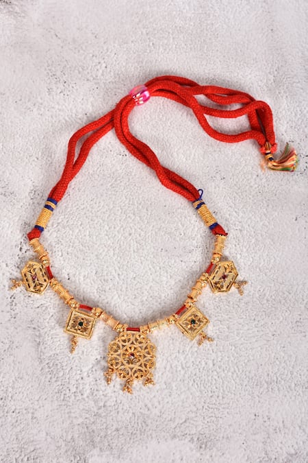 Shop_Samyukta Singhania_Gold Plated Stones Cutwork Motifs Necklace _at_Aza_Fashions