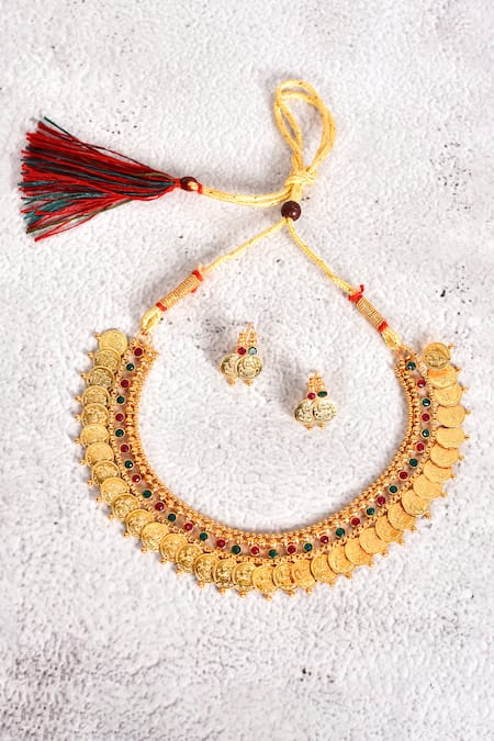 Shop_Samyukta Singhania_Gold Plated Stones Temple Coin Tassel Necklace Set _at_Aza_Fashions
