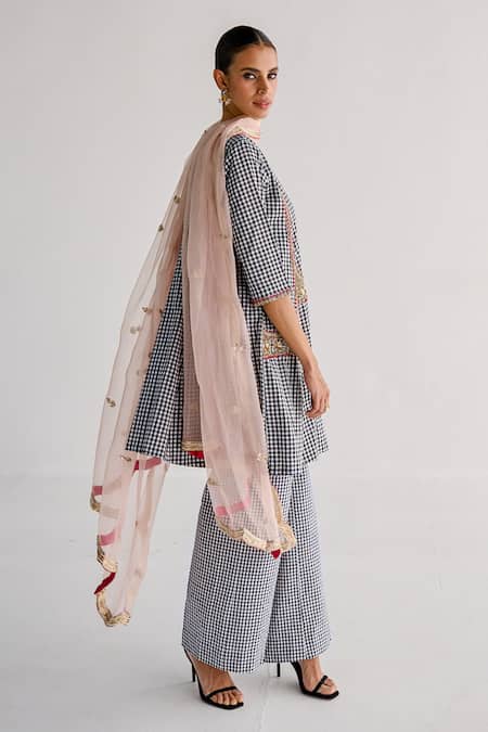 Shop_Esha Arora_Black Cotton, Organza Zari Round Neck Zardosi Embroidered Short Anarkali Set _Online_at_Aza_Fashions