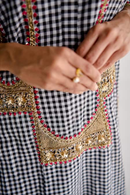 Esha Arora_Black Cotton, Organza Zari Round Neck Zardosi Embroidered Short Anarkali Set _at_Aza_Fashions