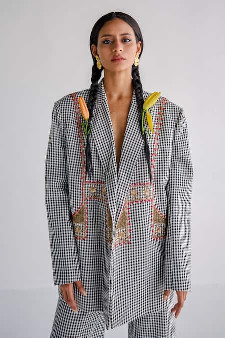 Esha Arora Black Cotton Zari Zardosi Embroidered Oversized Blazer And Pant Set Online at Aza Fashions Esha Arora_Black Cotton Zari Zardosi Embroidered Oversized Blazer And Pant Set _Online_at_Aza_Fashions