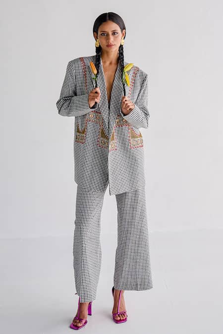 Shop Esha Arora Black Cotton Zari Zardosi Embroidered Oversized Blazer And Pant Set Online at Aza Fashions Shop_Esha Arora_Black Cotton Zari Zardosi Embroidered Oversized Blazer And Pant Set _Online_at_Aza_Fashions