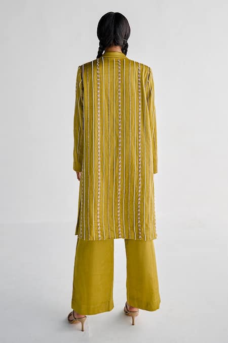 Shop_Esha Arora_Green Satin Zari Embroidered Trench Coat And Pant Set _at_Aza_Fashions