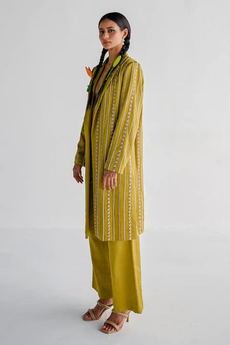 Esha Arora_Green Satin Zari Embroidered Trench Coat And Pant Set _Online_at_Aza_Fashions