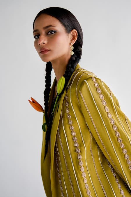 Buy_Esha Arora_Green Satin Zari Embroidered Trench Coat And Pant Set _Online_at_Aza_Fashions