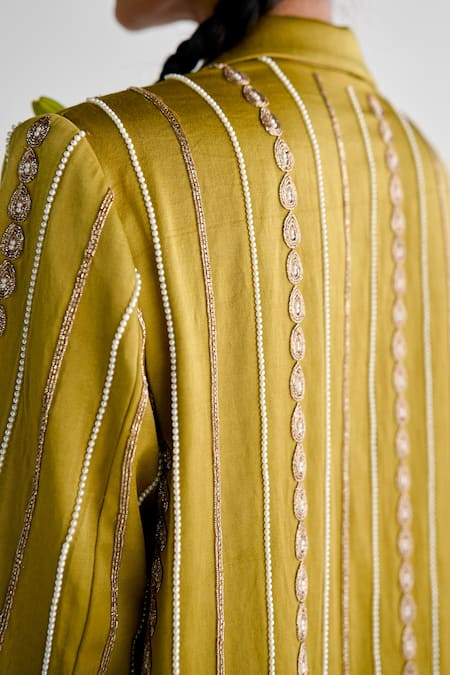 Shop_Esha Arora_Green Satin Zari Embroidered Trench Coat And Pant Set _Online_at_Aza_Fashions