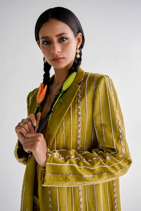 Esha Arora_Green Satin Zari Embroidered Trench Coat And Pant Set _at_Aza_Fashions