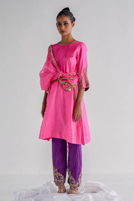 Shop Esha Arora Pink Silk, Crepe, Organza Fringe, Zari Floral Zardosi Embroidered Kurta Set Online at Aza Fashions Shop_Esha Arora_Pink Silk, Crepe, Organza Fringe, Zari Floral Zardosi Embroidered Kurta Set _Online_at_Aza_Fashions