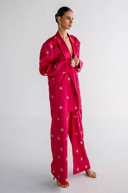 Esha Arora Fuchsia Maheshwari, Satin Embroidery Oversized Blazer And Pant Set Online at Aza Fashions Esha Arora_Fuchsia Maheshwari, Satin Embroidery Oversized Blazer And Pant Set _Online_at_Aza_Fashions