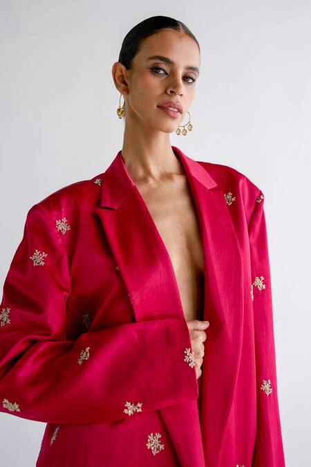 Buy Esha Arora Fuchsia Maheshwari, Satin Embroidery Oversized Blazer And Pant Set Online at Aza Fashions Buy_Esha Arora_Fuchsia Maheshwari, Satin Embroidery Oversized Blazer And Pant Set _Online_at_Aza_Fashions
