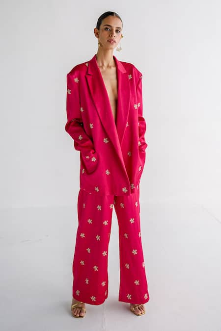 Shop Esha Arora Fuchsia Maheshwari, Satin Embroidery Oversized Blazer And Pant Set Online at Aza Fashions Shop_Esha Arora_Fuchsia Maheshwari, Satin Embroidery Oversized Blazer And Pant Set _Online_at_Aza_Fashions