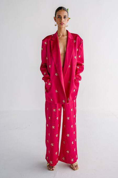 Esha Arora Fuchsia Maheshwari, Satin Embroidery Oversized Blazer And Pant Set at Aza Fashions Esha Arora_Fuchsia Maheshwari, Satin Embroidery Oversized Blazer And Pant Set _at_Aza_Fashions