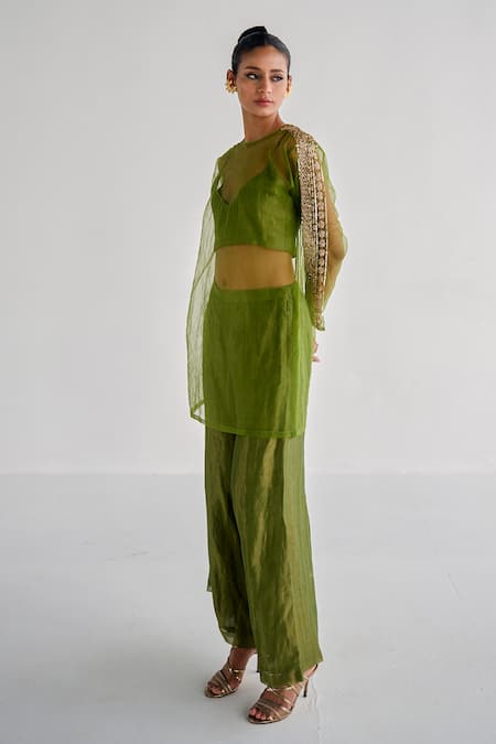 Buy_Esha Arora_Green Net, Chanderi Zari Round Neck Embroidered Kurta And Palazzo Set _Online_at_Aza_Fashions