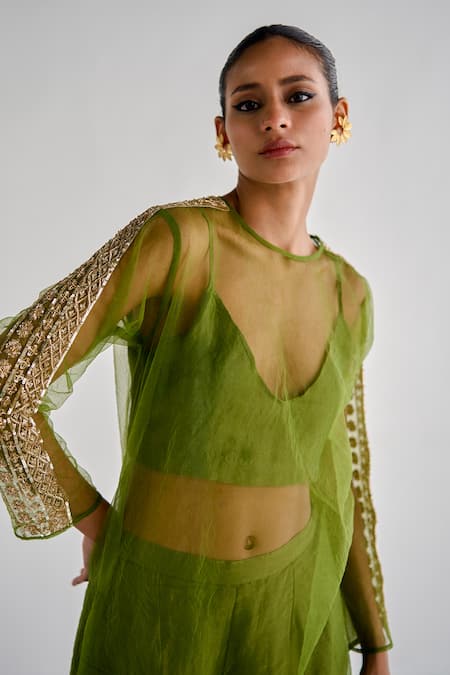 Shop_Esha Arora_Green Net, Chanderi Zari Round Neck Embroidered Kurta And Palazzo Set _Online_at_Aza_Fashions