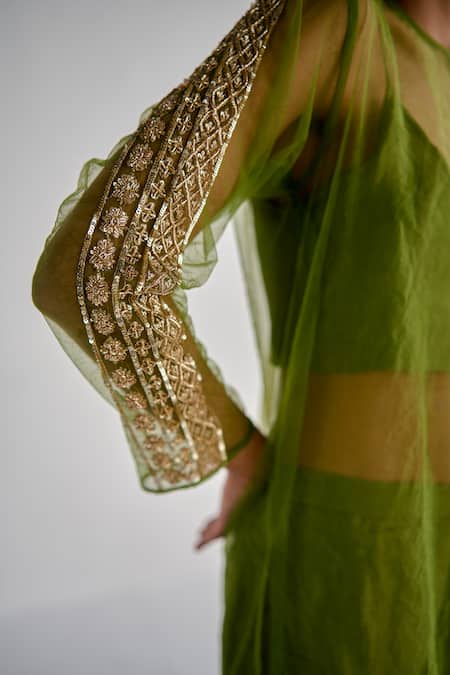 Esha Arora_Green Net, Chanderi Zari Round Neck Embroidered Kurta And Palazzo Set _at_Aza_Fashions