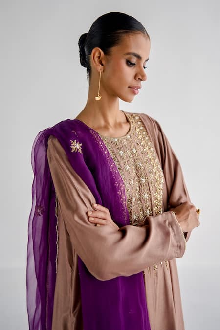 Shop_Esha Arora_Grey Silk, Chanderi, Linen, Chiffon Embroidery, Zari Round Zardosi Anarkali Set _Online_at_Aza_Fashions