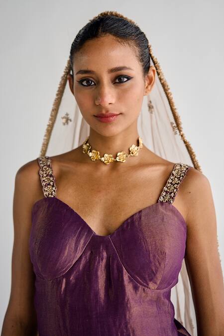 Shop_Esha Arora_Purple Cotton, Silk, Chiffon Embroidery Sweetheart Zardosi Kurta Sharara Set _Online_at_Aza_Fashions