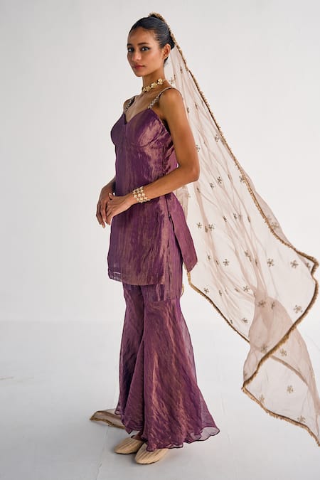 Esha Arora_Purple Cotton, Silk, Chiffon Embroidery Sweetheart Zardosi Kurta Sharara Set _at_Aza_Fashions