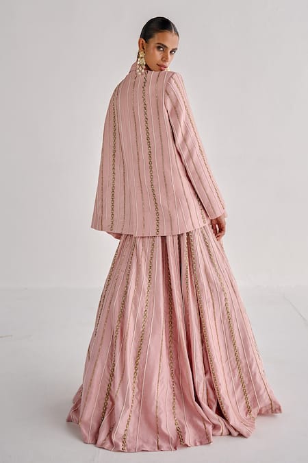 Shop Esha Arora Pink Silk, Chanderi Pearls, Zari Embroidered Oversized Blazer And Lehenga Set at Aza Fashions Shop_Esha Arora_Pink Silk, Chanderi Pearls, Zari Embroidered Oversized Blazer And Lehenga Set _at_Aza_Fashions