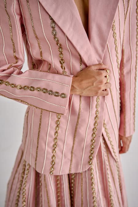 Esha Arora Pink Silk, Chanderi Pearls, Zari Embroidered Oversized Blazer And Lehenga Set at Aza Fashions Esha Arora_Pink Silk, Chanderi Pearls, Zari Embroidered Oversized Blazer And Lehenga Set _at_Aza_Fashions