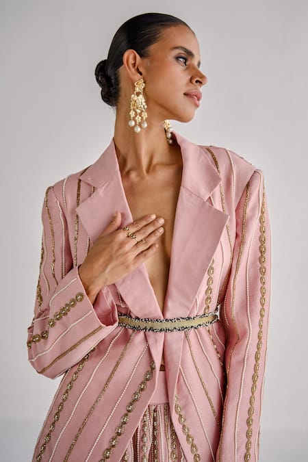 Shop Esha Arora Pink Silk, Chanderi Pearls, Zari Embroidered Oversized Blazer And Lehenga Set Online at Aza Fashions Shop_Esha Arora_Pink Silk, Chanderi Pearls, Zari Embroidered Oversized Blazer And Lehenga Set _Online_at_Aza_Fashions