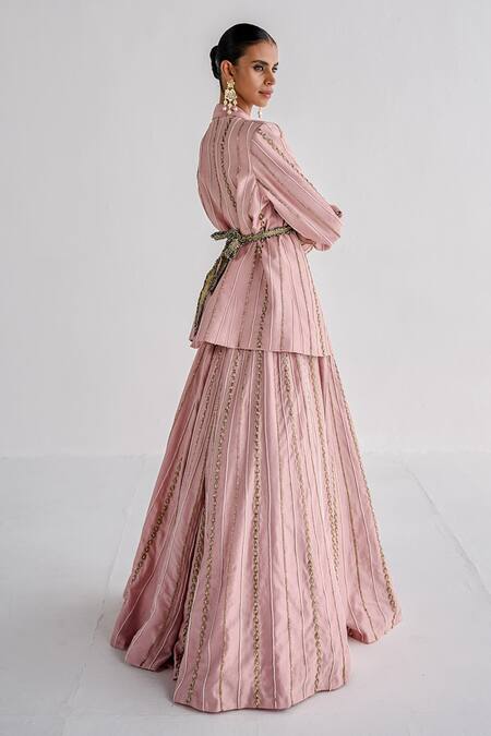 Buy Esha Arora Pink Silk, Chanderi Pearls, Zari Embroidered Oversized Blazer And Lehenga Set Online at Aza Fashions Buy_Esha Arora_Pink Silk, Chanderi Pearls, Zari Embroidered Oversized Blazer And Lehenga Set _Online_at_Aza_Fashions