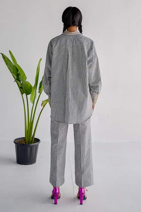 Shop Esha Arora Black Cotton Embroidery Shawl Neck Aari Shirt And Pant Set at Aza Fashions Shop_Esha Arora_Black Cotton Embroidery Shawl Neck Aari Shirt And Pant Set _at_Aza_Fashions