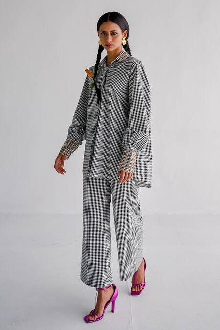 Buy Esha Arora Black Cotton Embroidery Shawl Neck Aari Shirt And Pant Set Online at Aza Fashions Buy_Esha Arora_Black Cotton Embroidery Shawl Neck Aari Shirt And Pant Set _Online_at_Aza_Fashions