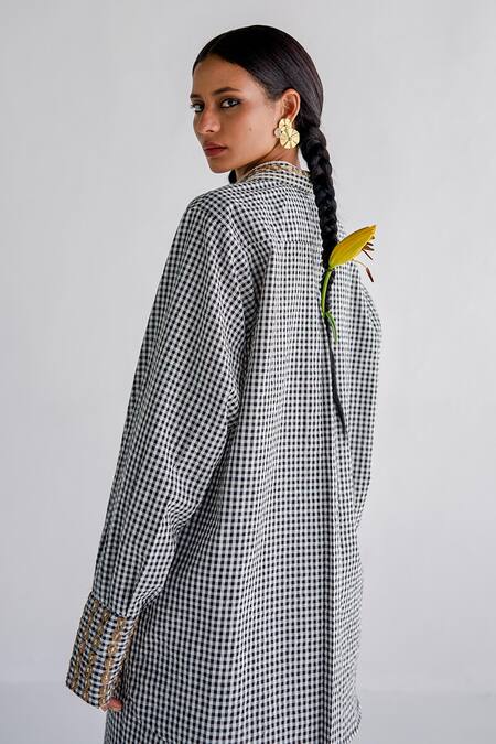 Shop Esha Arora Black Cotton Embroidery Shawl Neck Aari Shirt And Pant Set Online at Aza Fashions Shop_Esha Arora_Black Cotton Embroidery Shawl Neck Aari Shirt And Pant Set _Online_at_Aza_Fashions