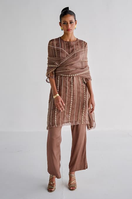 Esha Arora Brown Cotton Satin, Organza, Chiffon Embroidery Round Neck Geometric Kurta Set Online at Aza Fashions Esha Arora_Brown Cotton Satin, Organza, Chiffon Embroidery Round Neck Geometric Kurta Set _Online_at_Aza_Fashions