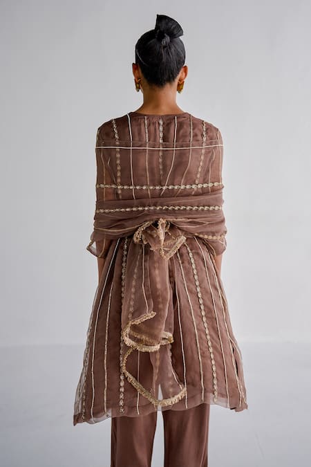 Buy Esha Arora Brown Cotton Satin, Organza, Chiffon Embroidery Round Neck Geometric Kurta Set Online at Aza Fashions Buy_Esha Arora_Brown Cotton Satin, Organza, Chiffon Embroidery Round Neck Geometric Kurta Set _Online_at_Aza_Fashions