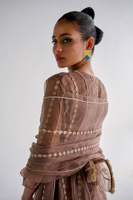 Shop Esha Arora Brown Cotton Satin, Organza, Chiffon Embroidery Round Neck Geometric Kurta Set Online at Aza Fashions Shop_Esha Arora_Brown Cotton Satin, Organza, Chiffon Embroidery Round Neck Geometric Kurta Set _Online_at_Aza_Fashions