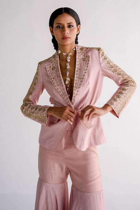 Buy Esha Arora Pink Silk, Chanderi, Linen Embroidery Aari Blazer And Ombre Sharara Set Online at Aza Fashions Buy_Esha Arora_Pink Silk, Chanderi, Linen Embroidery Aari Blazer And Ombre Sharara Set _Online_at_Aza_Fashions