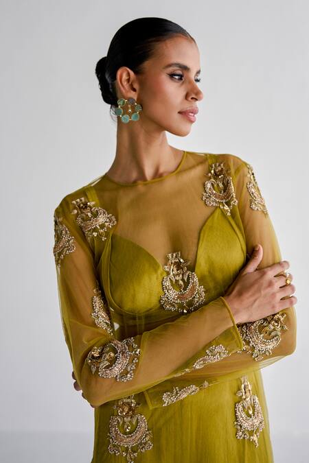 Esha Arora Green Net, Linen, Maheshwari Embroidery, Zari Round Neck Kurta And Pant Set Online at Aza Fashions Esha Arora_Green Net, Linen, Maheshwari Embroidery, Zari Round Neck Kurta And Pant Set _Online_at_Aza_Fashions