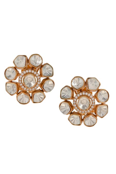 Buy_Ishhaara_Gold Plated Diamonds, Stones Kundan Embellished Stud Earrings _Online_at_Aza_Fashions