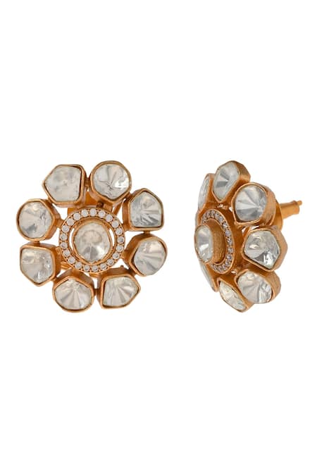 Shop_Ishhaara_Gold Plated Diamonds, Stones Kundan Embellished Stud Earrings _Online_at_Aza_Fashions