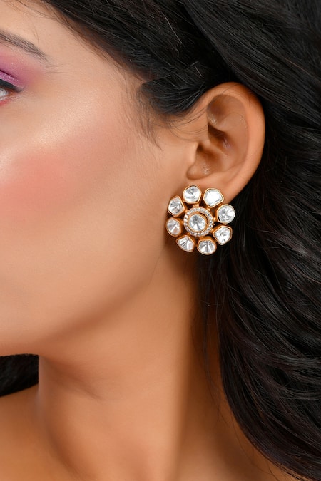 Ishhaara_Gold Plated Diamonds, Stones Kundan Embellished Stud Earrings _at_Aza_Fashions