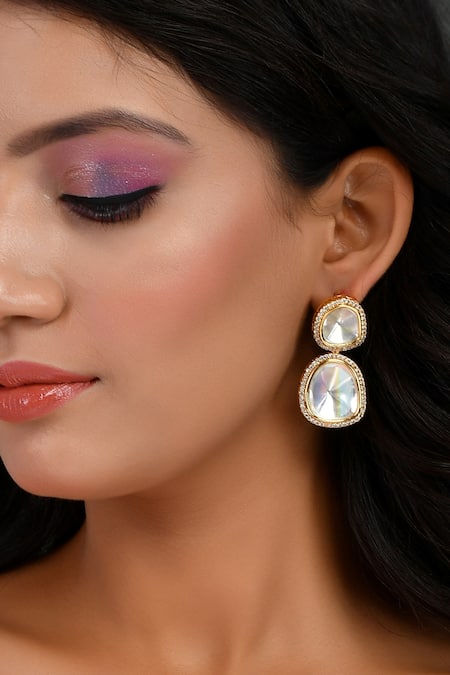 Ishhaara Gold Plated Diamonds, Stones Polki Embellished Drop Earrings Online at Aza Fashions Ishhaara_Gold Plated Diamonds, Stones Polki Embellished Drop Earrings _Online_at_Aza_Fashions