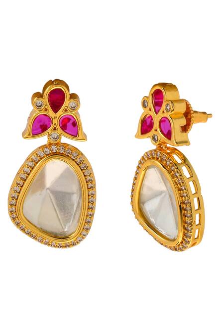 Shop Ishhaara Gold Plated Diamonds, Stones Embellished Polki Drop Earrings Online at Aza Fashions Shop_Ishhaara_Gold Plated Diamonds, Stones Embellished Polki Drop Earrings _Online_at_Aza_Fashions