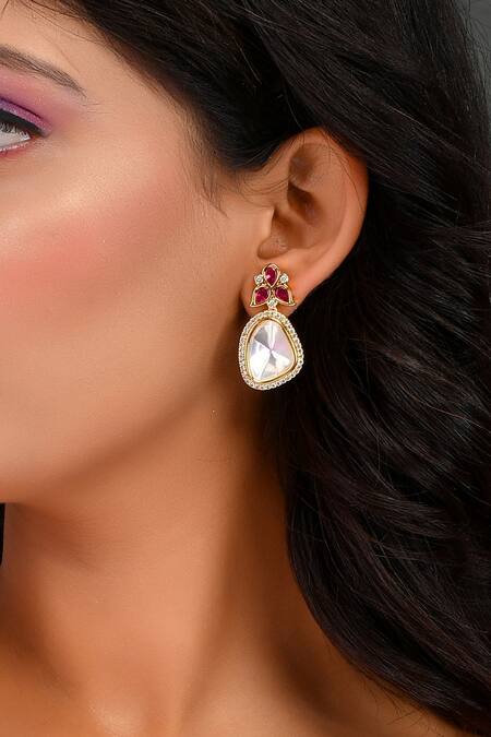 Ishhaara Gold Plated Diamonds, Stones Embellished Polki Drop Earrings at Aza Fashions Ishhaara_Gold Plated Diamonds, Stones Embellished Polki Drop Earrings _at_Aza_Fashions