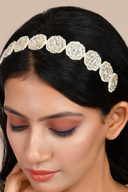 Shop Ishhaara Gold Beads, Embroidery Kundan And Embellished Hairband Online at Aza Fashions Shop_Ishhaara_Gold Beads, Embroidery Kundan And Embellished Hairband _Online_at_Aza_Fashions