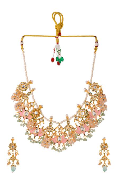 Ishhaara_Multi Color Stones, Beads Lotus Kundan Embellished Necklace Set _Online_at_Aza_Fashions