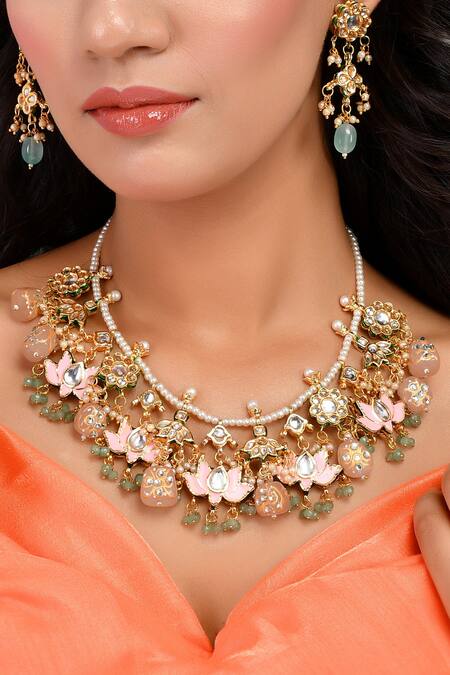 Buy_Ishhaara_Multi Color Stones, Beads Lotus Kundan Embellished Necklace Set 
