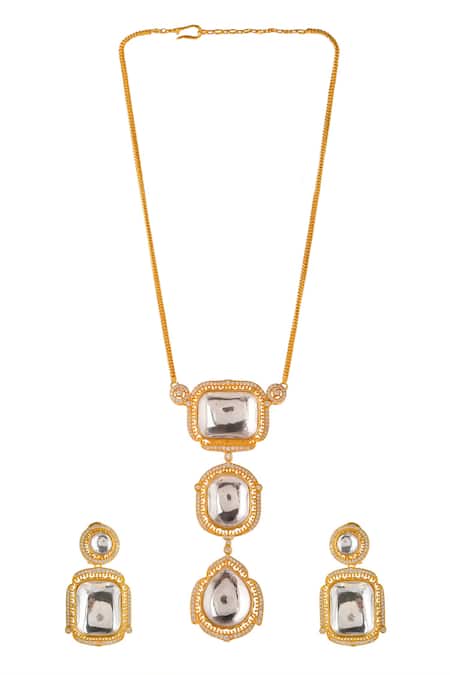 Ishhaara_Gold Plated Beads, Diamonds, Stones Kundan Embellished Pendant Necklace Set _Online_at_Aza_Fashions