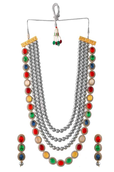 Ishhaara_Multi Color Beads, Diamonds, Stones Embellished Layered Necklace Set _Online_at_Aza_Fashions